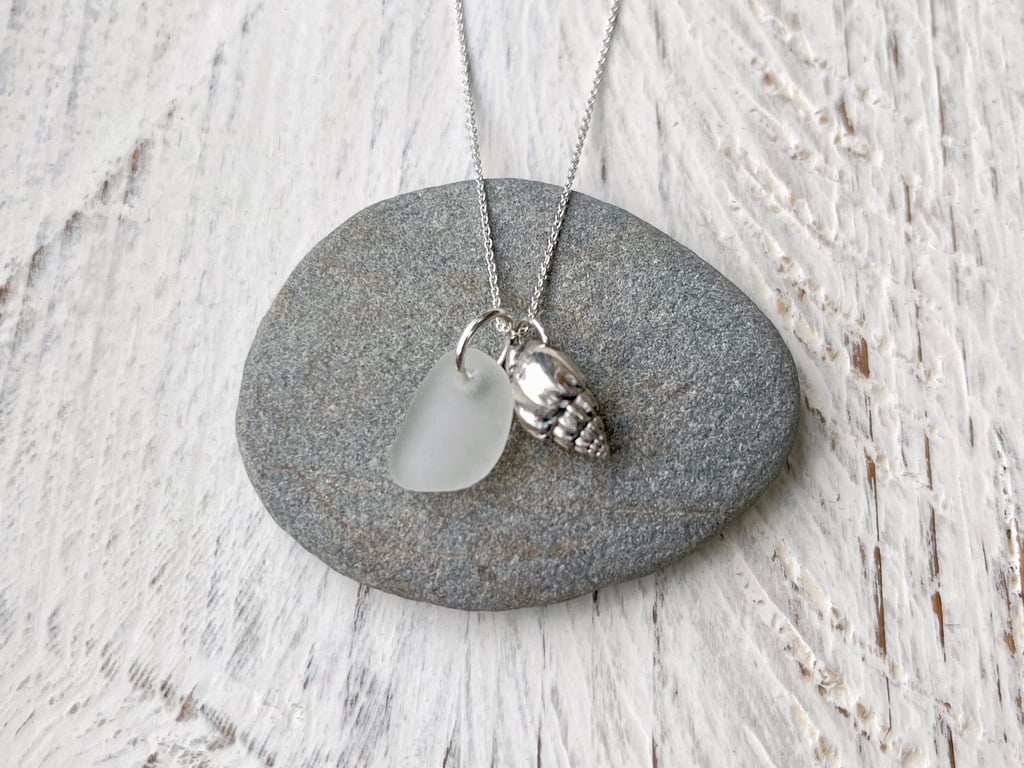 Cornish Sea Glass and Silver Coated Conch Seashell Necklace - White