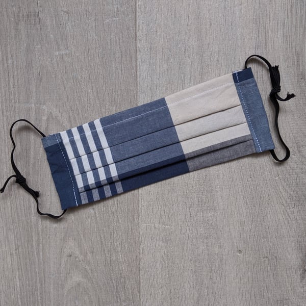 Blue Cream Chequered Fabric Face Mask with adjustable elastic - Charity donation
