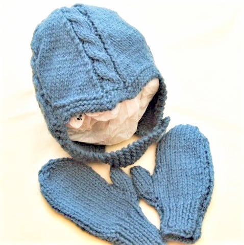 Baby's Cabled Helmet & Mittens Set, Baby Shower Gift, Gift Ideas for Babies