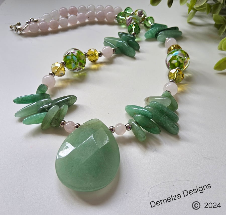 Designer Green Aventurine, Rose Quartz, Crystal & Hand Bown Glass Bead Necklace 