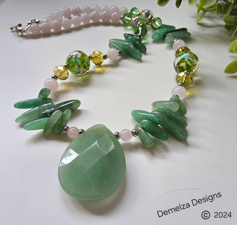 Designer Green Aventurine, Rose Quartz, Crystal & Hand Bown Glass Bead Necklace 