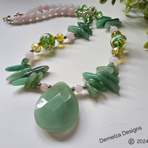 Green Aventurine, Rose Quartz, Crystal & Hand Bown Glass Bead Necklace 