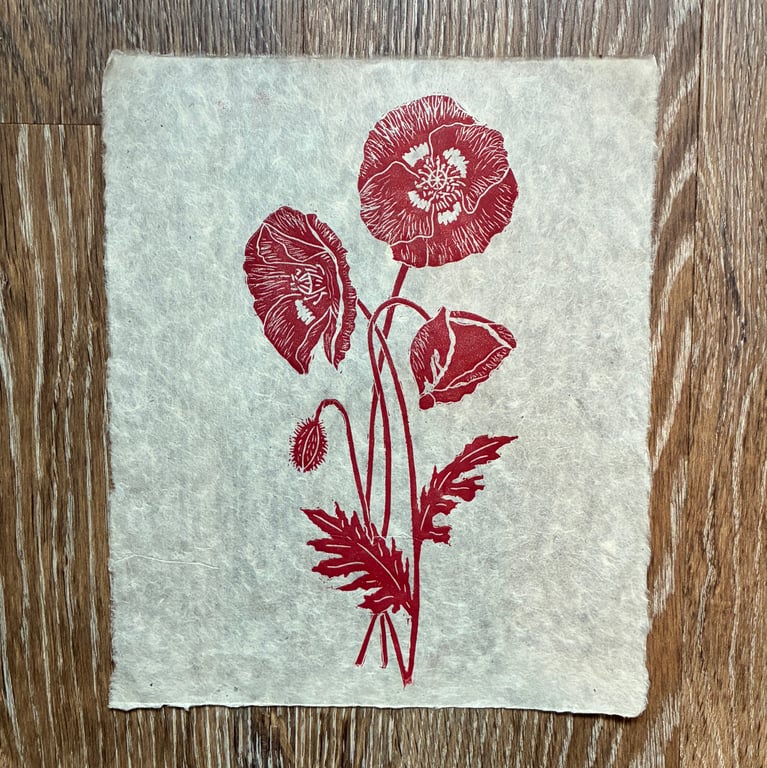 PERFECTLY IMPERFECT Wild poppies original linocut print in red