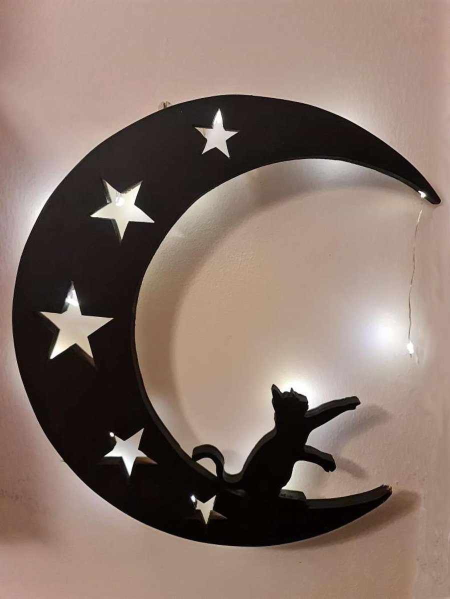Reach for the Stars Wall Light - Crescent Moon Cat LED Light Goth, Wall Decor 