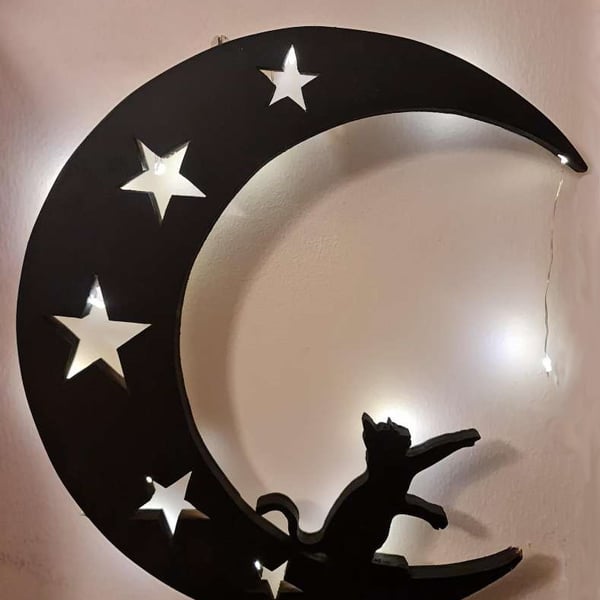 Reach for the Stars Wall Light - Crescent Moon Cat LED Light Goth, Wall Decor 
