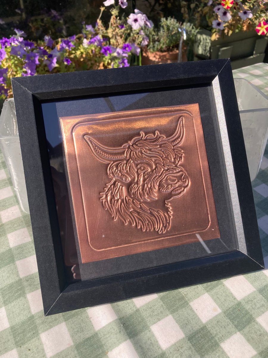Copper Highland Cow in a Black Frame