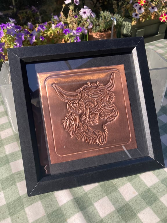 Copper Highland Cow in a Black Frame