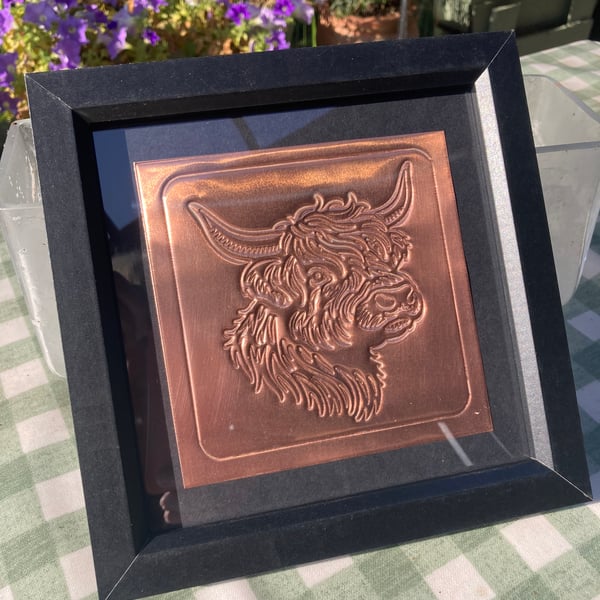 Copper Highland Cow in a Black Frame