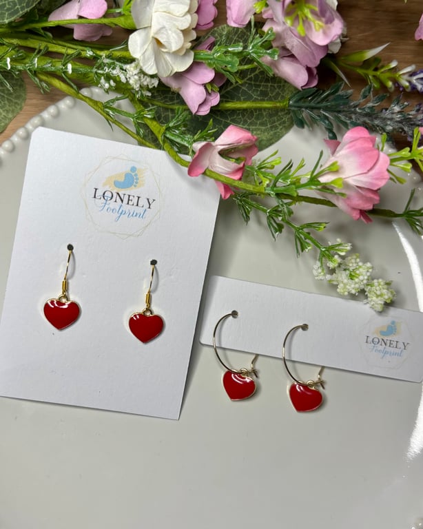 Red Heart Earrings, Enamel Charms, Handmade Jewellery 