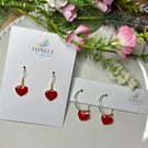 Red Heart Earrings, Enamel Charms, Handmade Jewellery 