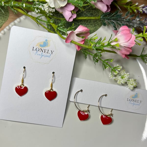 Red Heart Earrings, Enamel Charms, Handmade Jewellery 