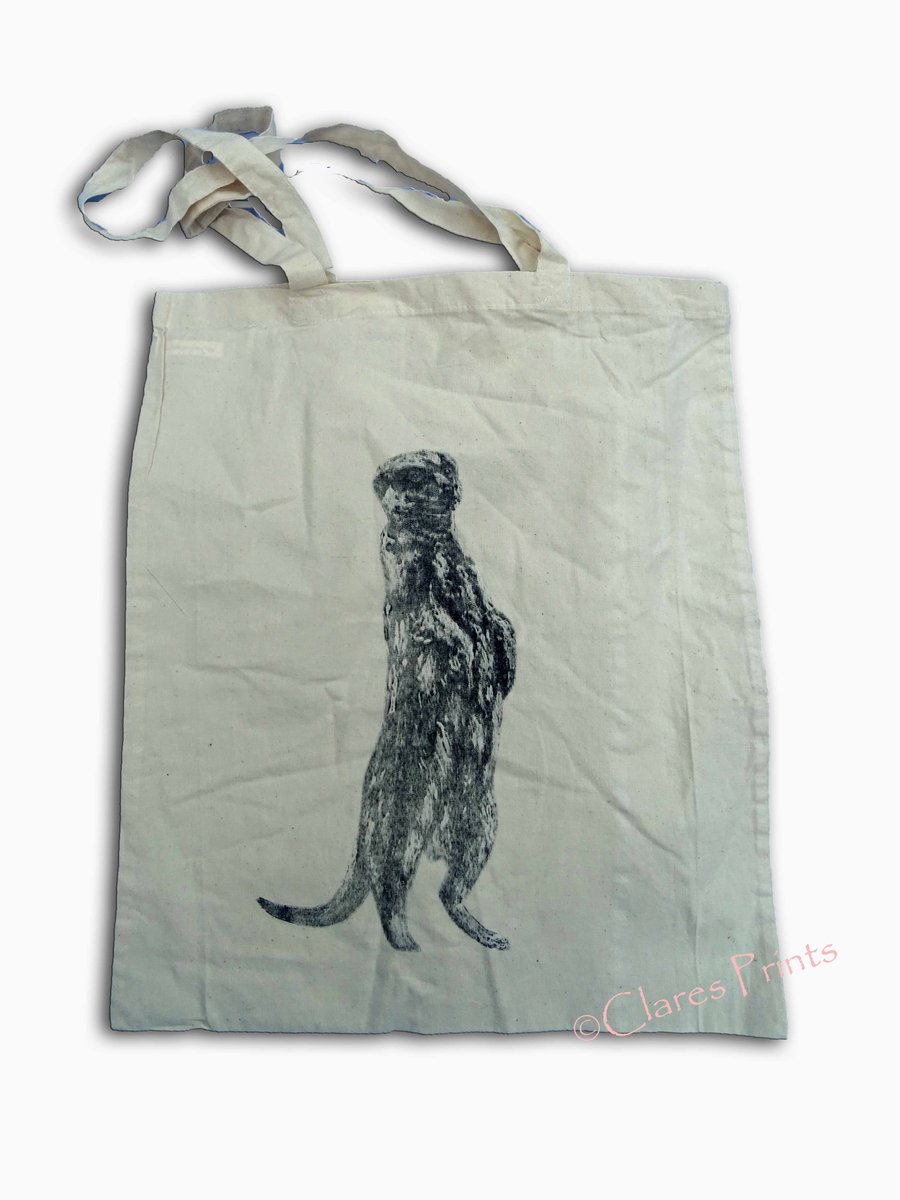 Sale Black Meerkat Collagraph Hand Printed Cream Tote Shopping Bag