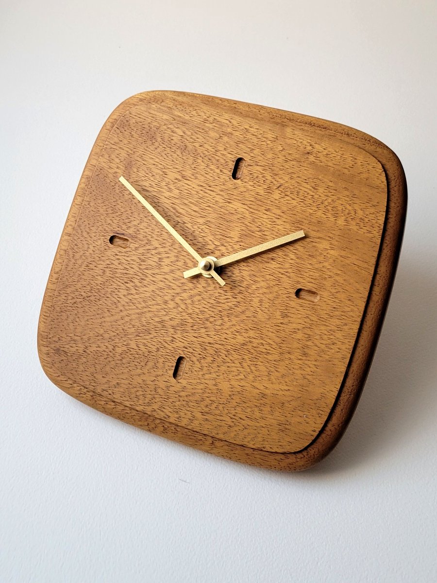 Wall Clock Square - Iroko (African Teak) & Gold Hands Dash Indicators