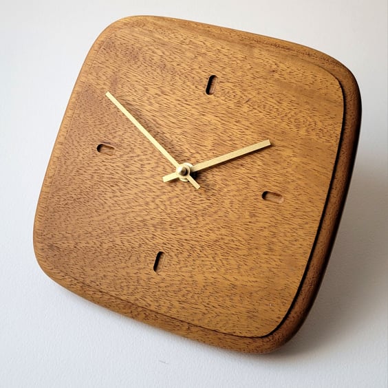 Wall Clock Square - Iroko (African Teak) & Gold Hands Dash Indicators