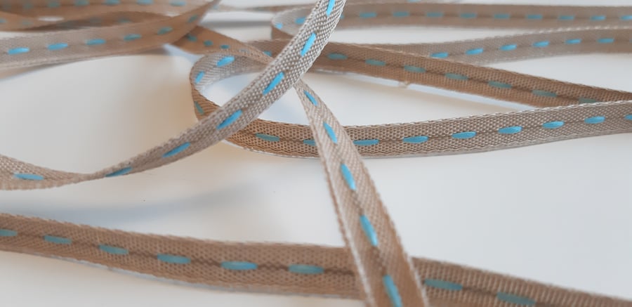Biscuit brown and blue 7mm wide ribbon