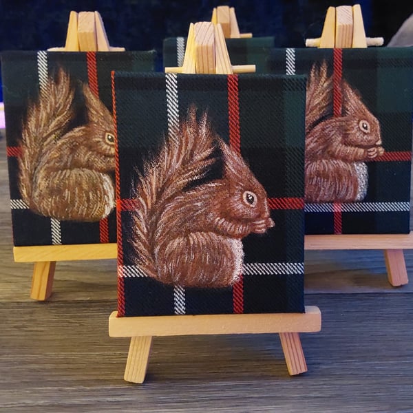 Scottish Red Squirrel Acrylic Painting on Tartan Canvas with Easel Stand