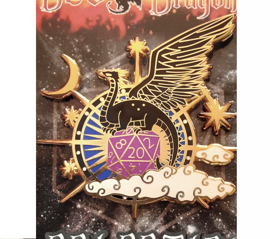 D20 Celestial Dragon 48mm enamel pin badge