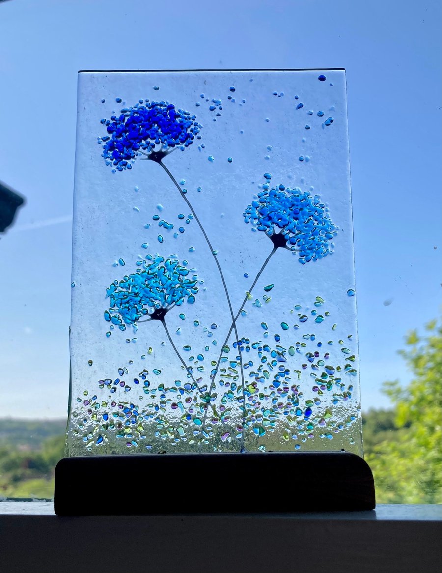 Whimsical Blue flowers fused glass Art Picture Sun Catcher & Wooden Display Stan