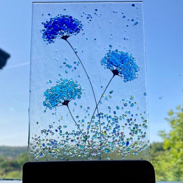 Whimsical Blue flowers fused glass Art Picture Sun Catcher & Wooden Display Stan