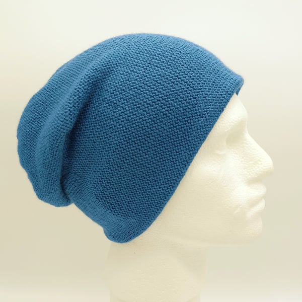 Handmade knitted  denim blue beanie  for men, slouchy beanie sports ski hat