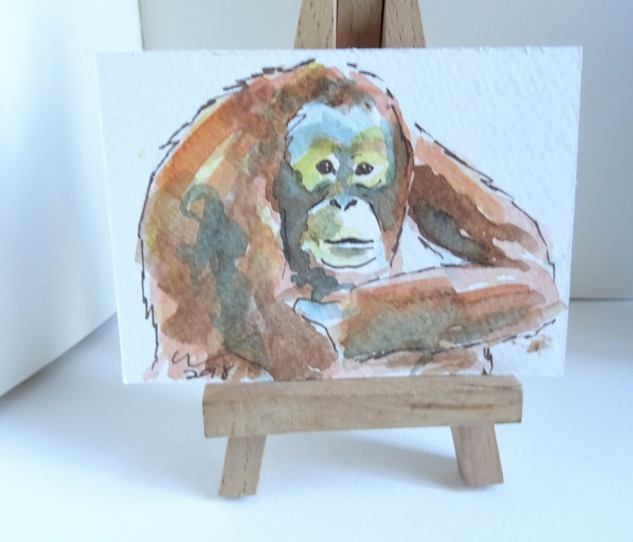 ACEO Animal Art Orangutan Look Original Watercolour and Ink Painting OOAK Monkey