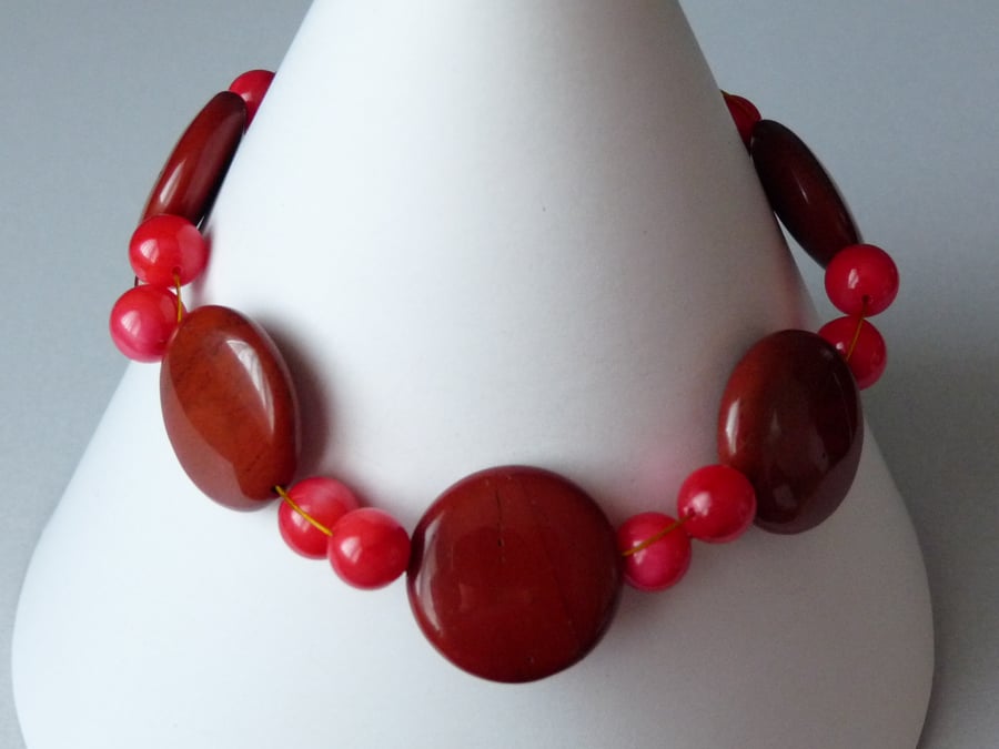 Red Jasper & Mother of Pearl Bracelet  - Handmade - Genuine Gemstone 