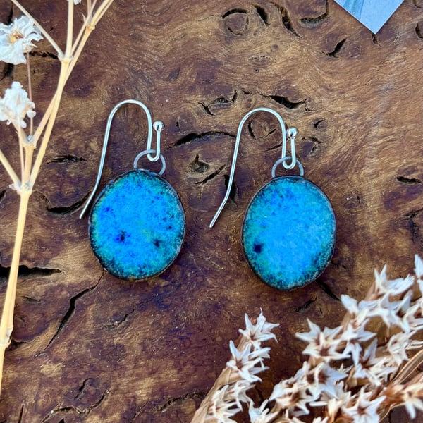 Handmade Speckled Blue Ceramic Earrings: Glazed pottery Clay Dangle, Hypoallerge