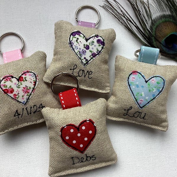 Customisable Heart Keyring in Floral or Dot Fabric - Ideal for Valentines gift