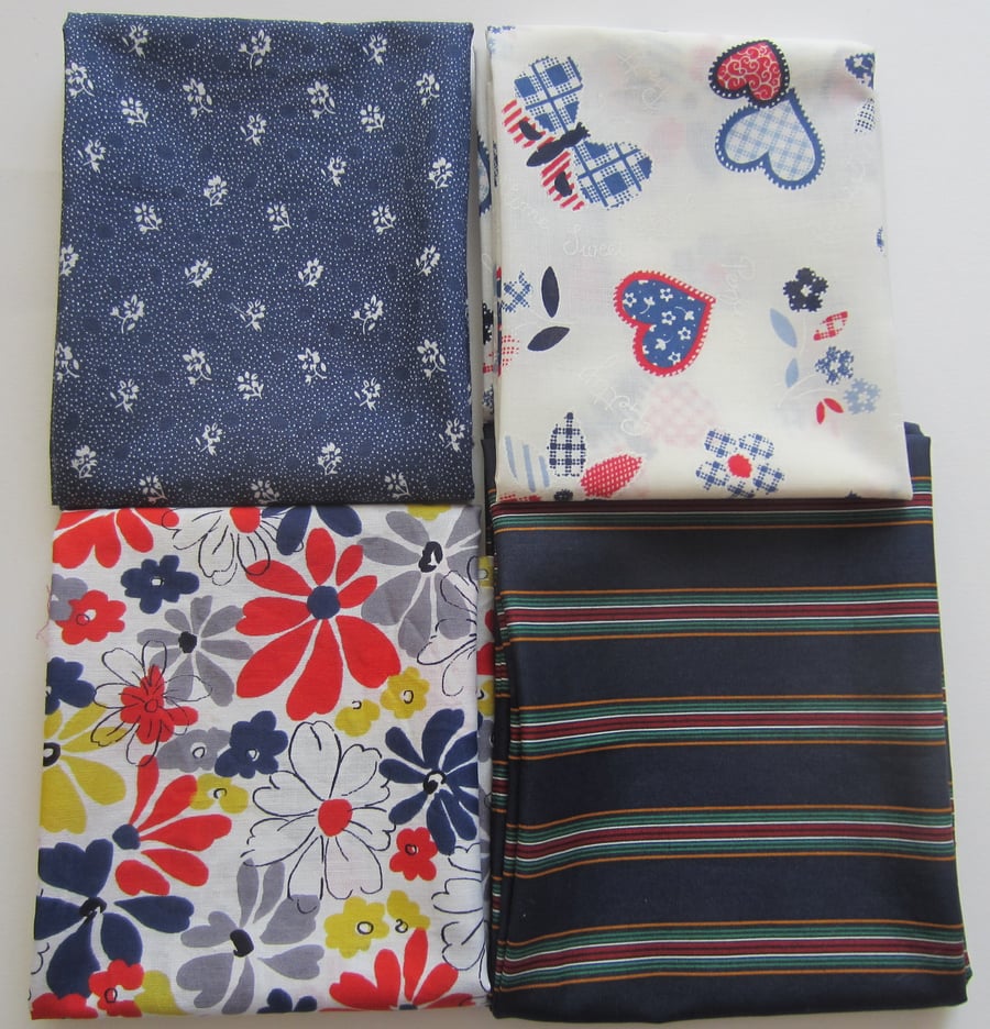 Bundle of 4 Fabric Fat Quarters. Flowers, Butterflies, Hearts and Stripes.