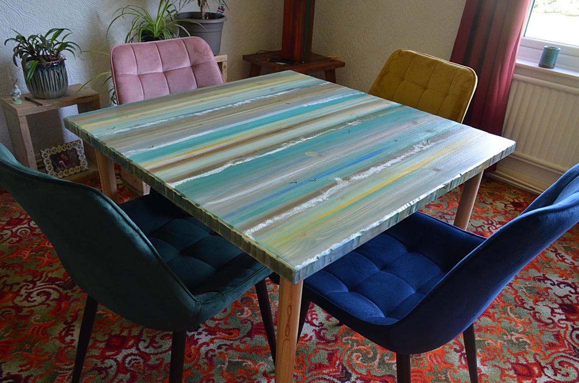 Square Wood Coastal Cottage Dining Table Hand Painted Unique Sandy Cove Colours