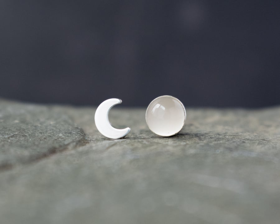 Moon Phase Earrings, Crescent Moon and Moonstone Mis-match Stud Earrings