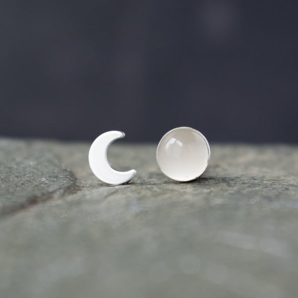 Moon Phase Earrings, Crescent Moon and Moonstone Mis-match Stud Earrings