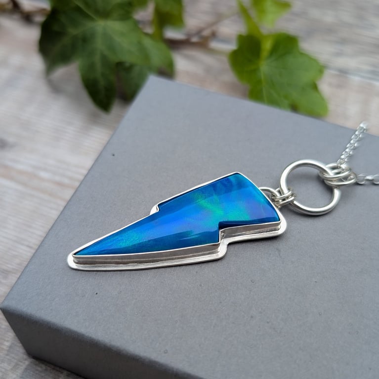 Sterling Silver Blue Aurora Opal Lightning Bolt Long Necklace - JBJ2066