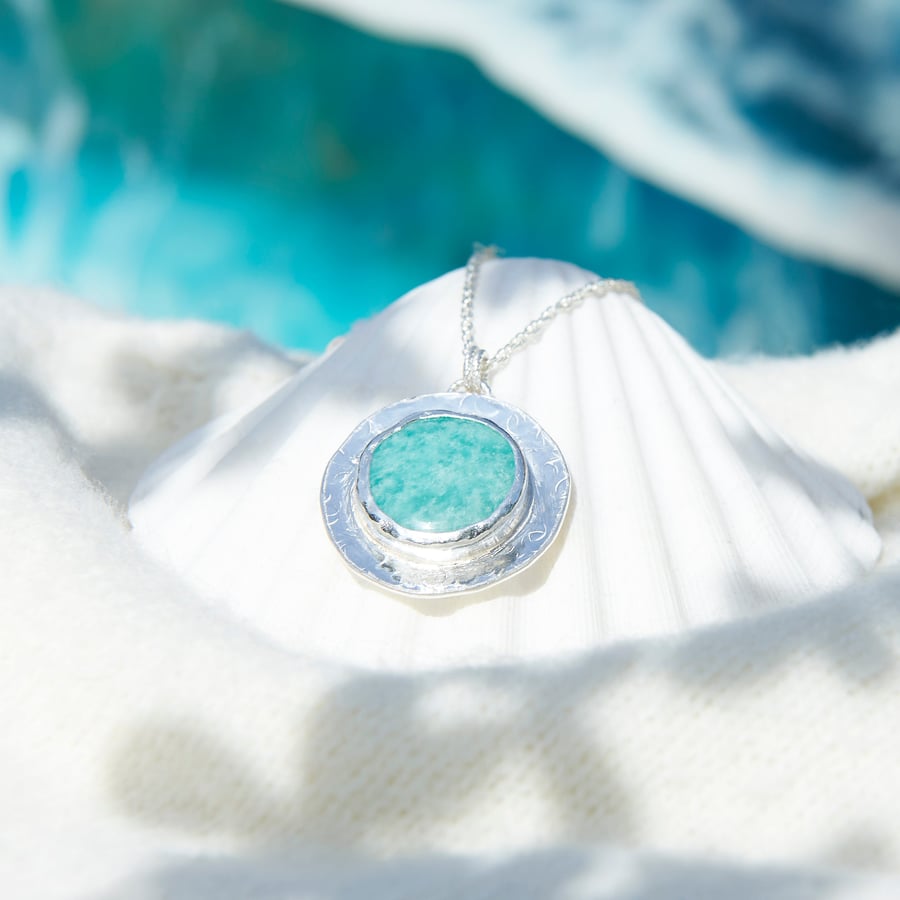 Amazonite Sterling Silver Halo Necklace