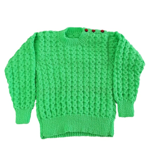 Hand Knitted Textured Jumper, Green, Classic Round Neck, 24 Inch Chest