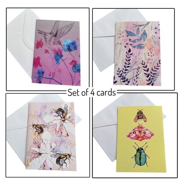 Set of 4 Illustrated Blank Greetings Cards 
