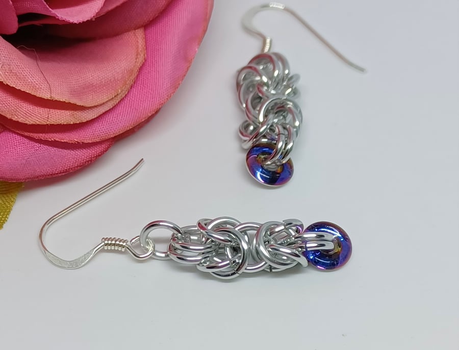 Silver Byzantine Chainmaille Sterling Silver Earrings with Blue Czech Glass Donu