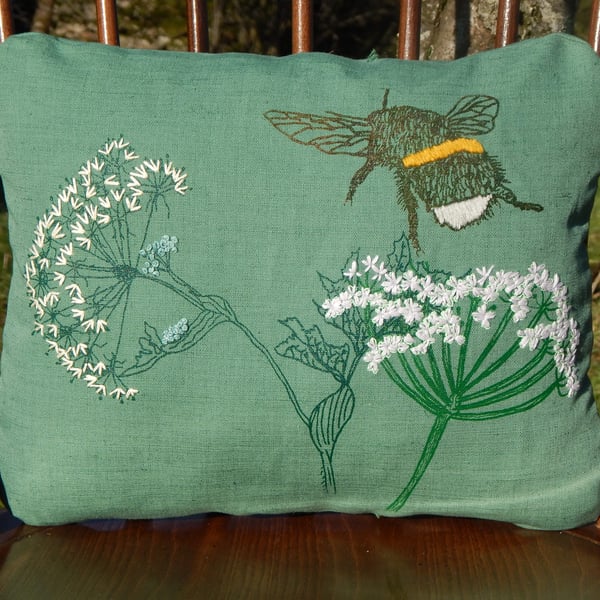 RESERVED Dark green - Screen printed Bee and wild flower cushion 