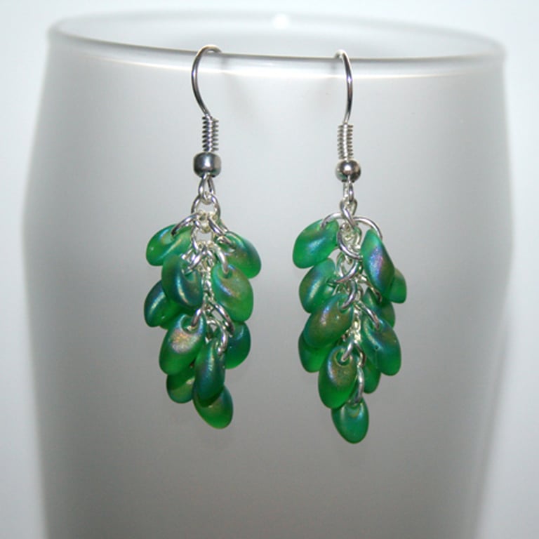 Green Cluster Earrings - Cascading Petal Dangle Earrings
