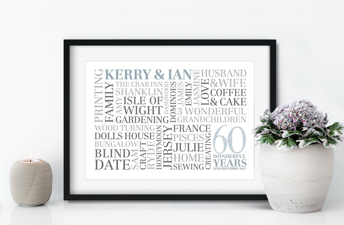 Personalised Diamond Anniversary Word Art - 60 years - AN601