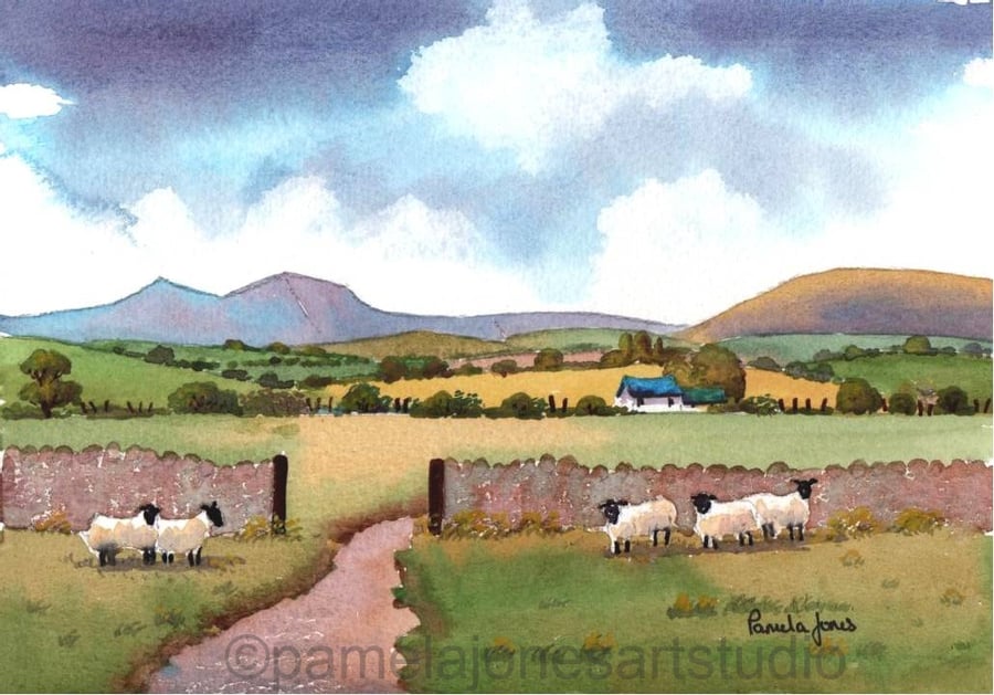 Sheep, Cottage, The Brecon Beacons, Wales, Watercolour Print in 14 x 11'' mount