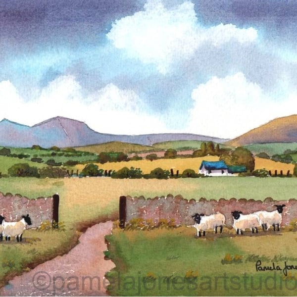 Sheep, Cottage, The Brecon Beacons, Wales, Watercolour Print in 14 x 11'' mount