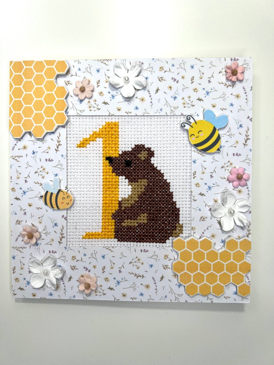 1st birthday card with teddy bear and honey