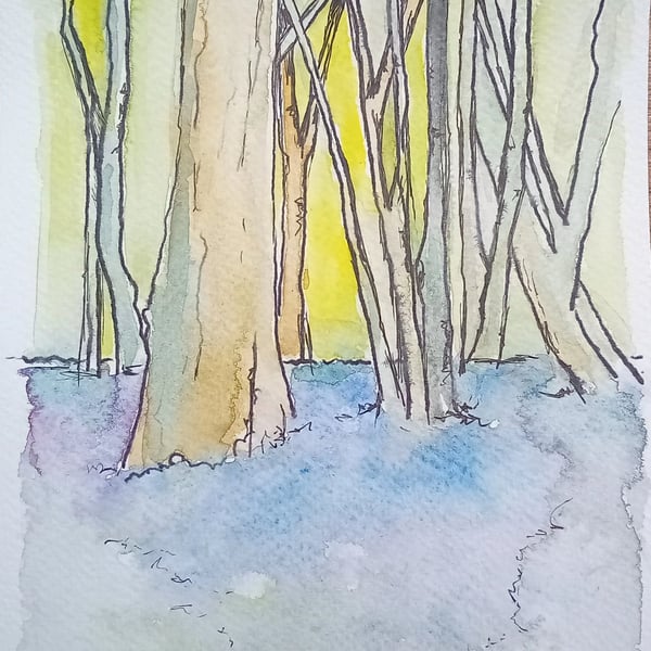 , BLUEBELL WOOD, original watercolour and fine liner painting 