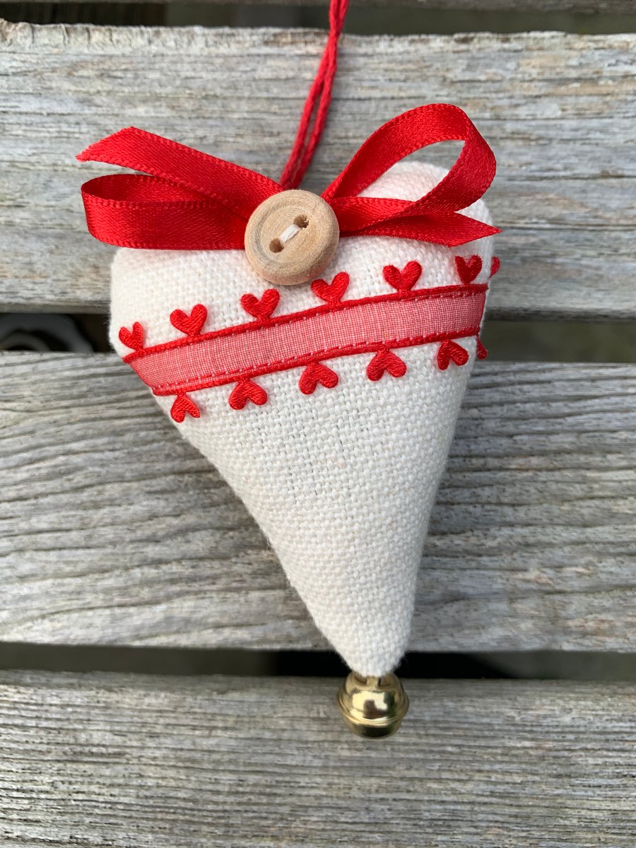 CHRISTMAS SPICE HEART DECORATION - cream linen and red heart ribbon