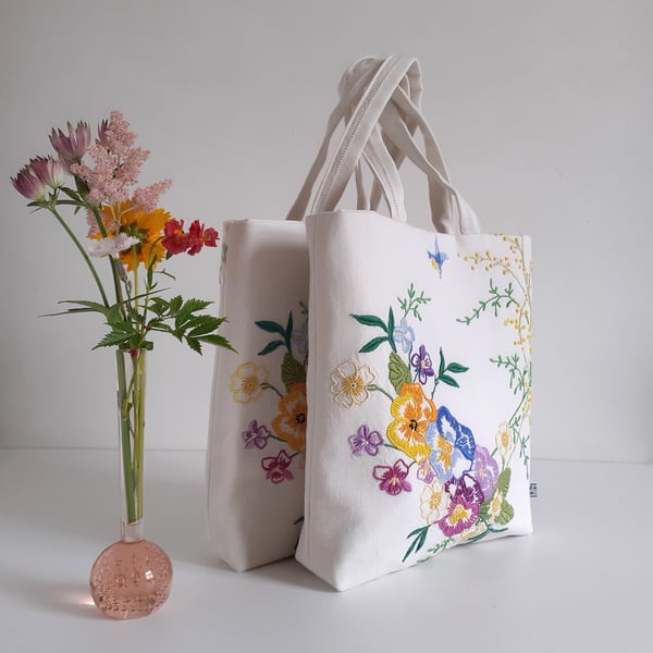 Small bucket bag or hand bag in repurposed vintage floral embroidery table linen
