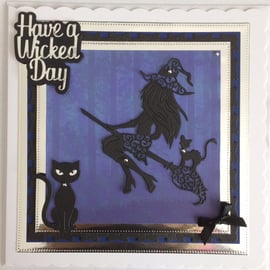 Pagan Halloween Card Have a Wicked Day Sexy Witch Cats 3D Luxury Blue 3