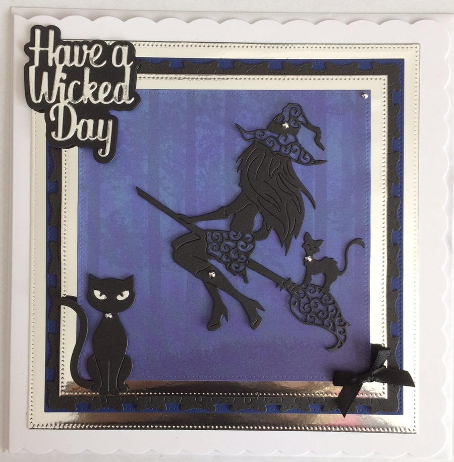 Pagan Halloween Card Have a Wicked Day Sexy Witch Cats 3D Luxury Blue 3