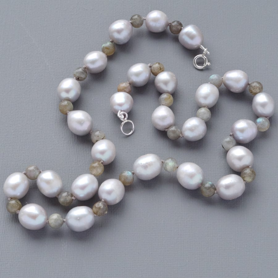 Large 12 mm Grey Freshwater Pearl Labradorite Gemstone Necklace Knotted on Silk 