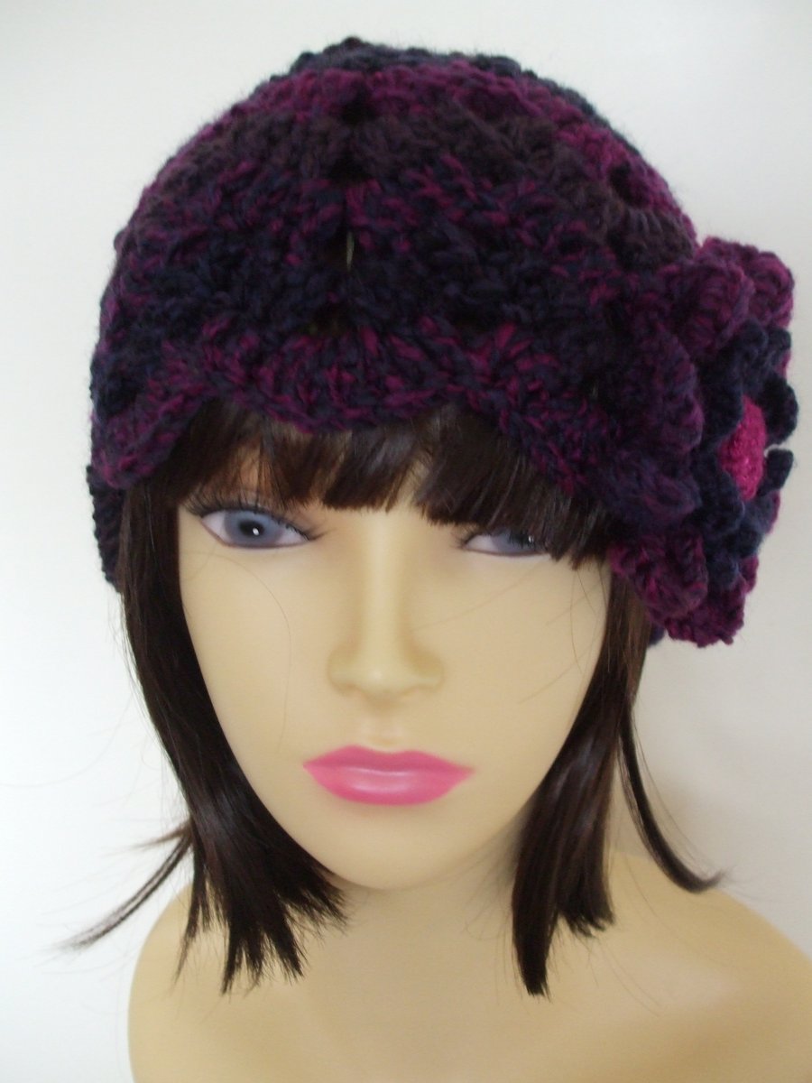 Crocheted Beanie Hat with Flower Decoration